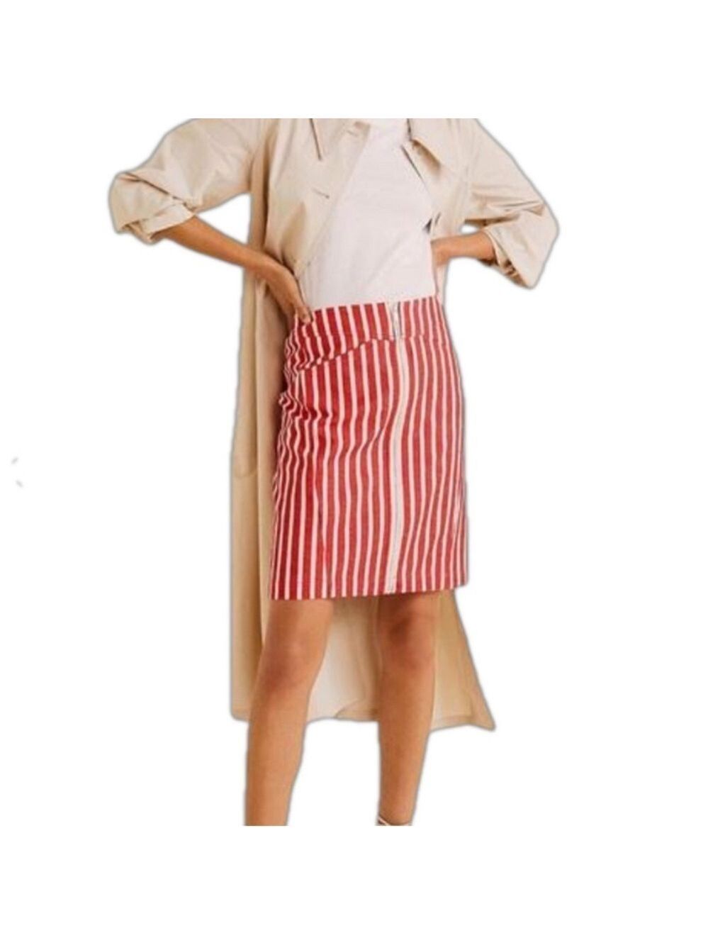 MANGO - MNG Suit Red & White Striped Mini Skirt w Zipper Cotton Linen Blend XS
